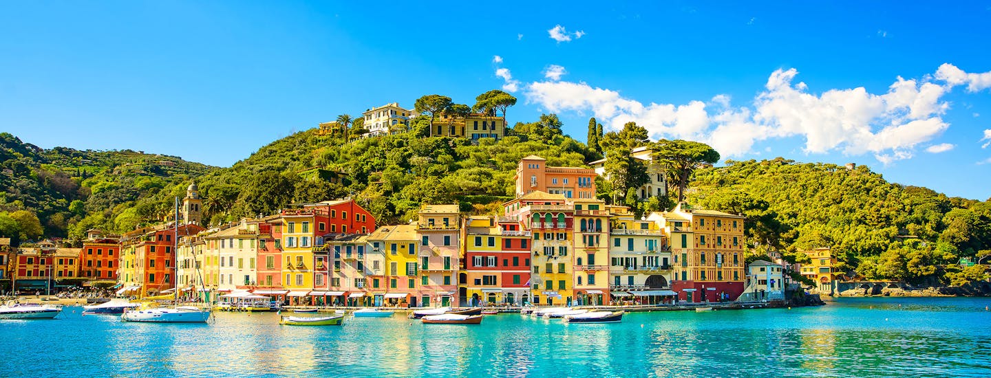 Portofino luxury landmark panorama  Village and yacht in little bay harbor  Liguria, Italy shutterstock 193905143 w2600