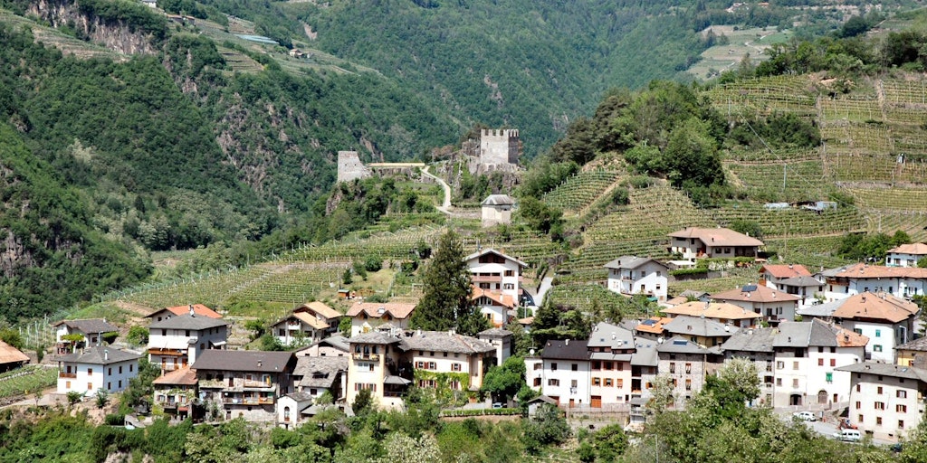 Locanda dello Scalco is at the centre of the picture behind the village and in front of the castle