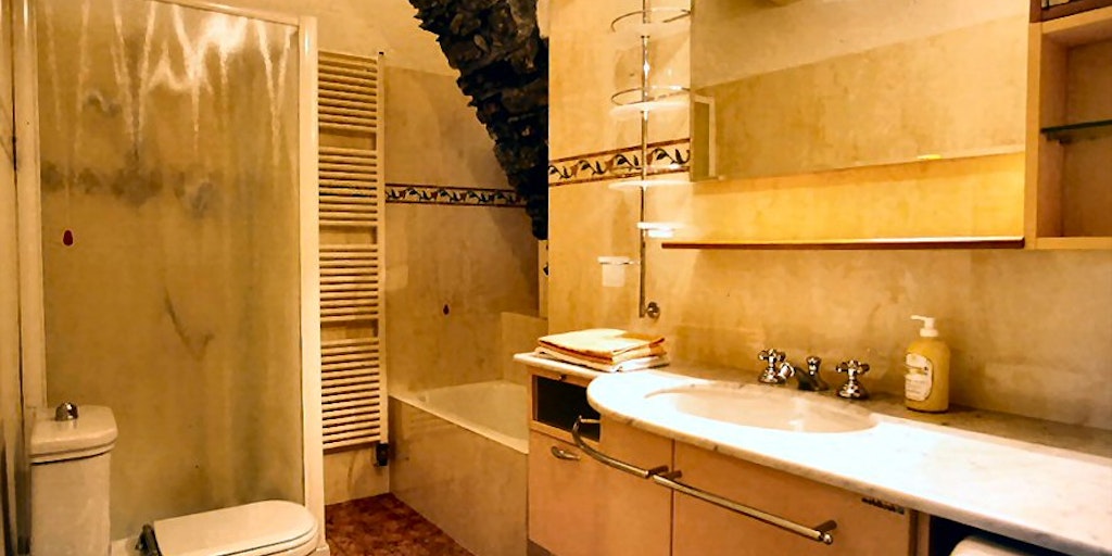 Grande salle de bains avec douche et machine à laver
