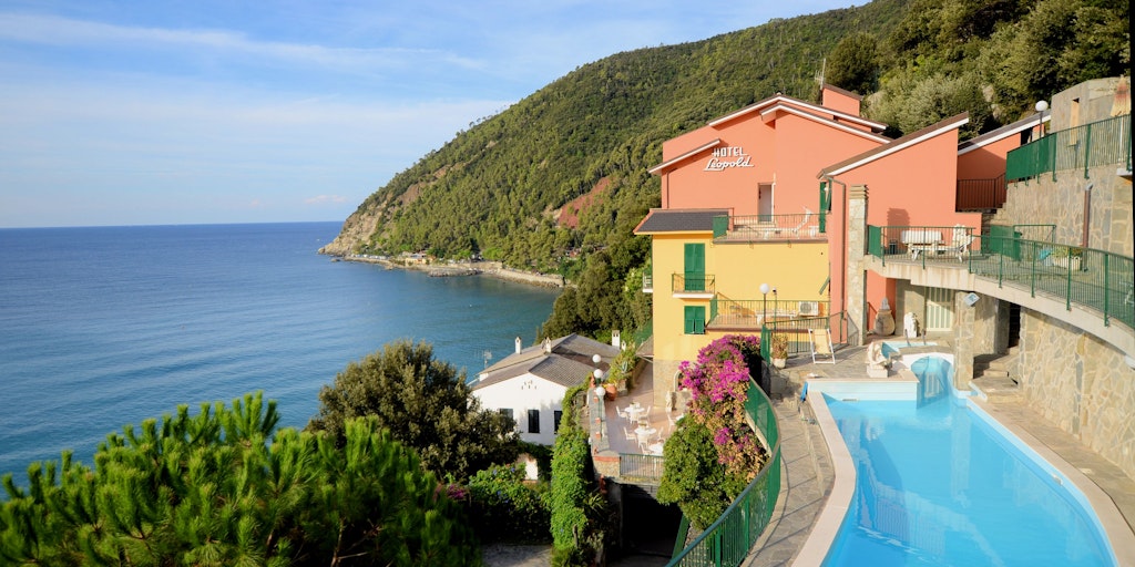 Panoramic view of the Cinque Terre National Park from the pool